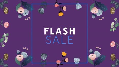 Animation-of-flash-sale-text-over-flowers-moving-in-hypnotic-motion-on-purple-background