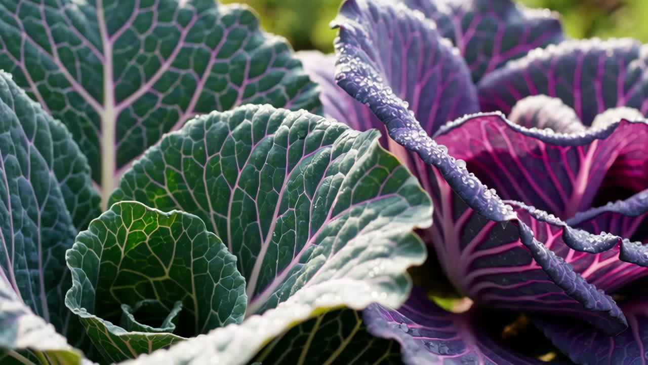 Close-up of green and purple cabbage leaves with water droplets