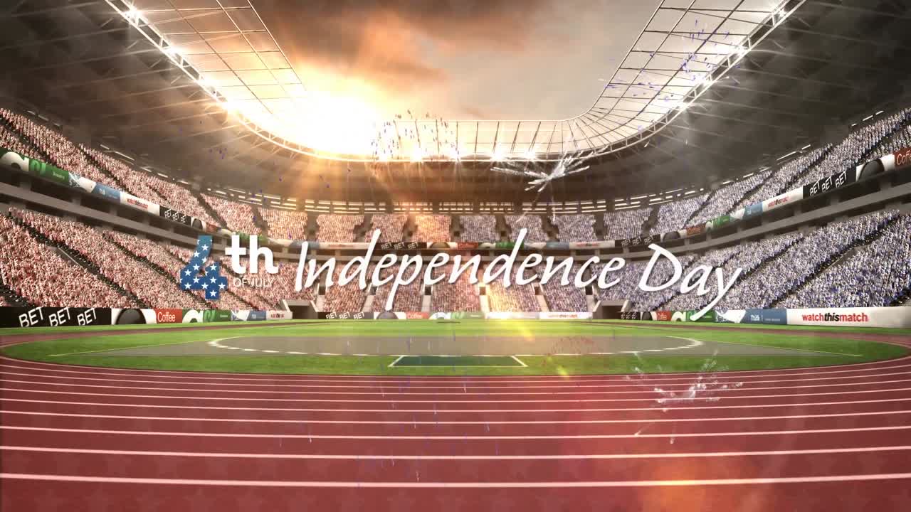 composición del texto del día de la independencia del 4 de julio y fuegos artificiales sobre el estadio
