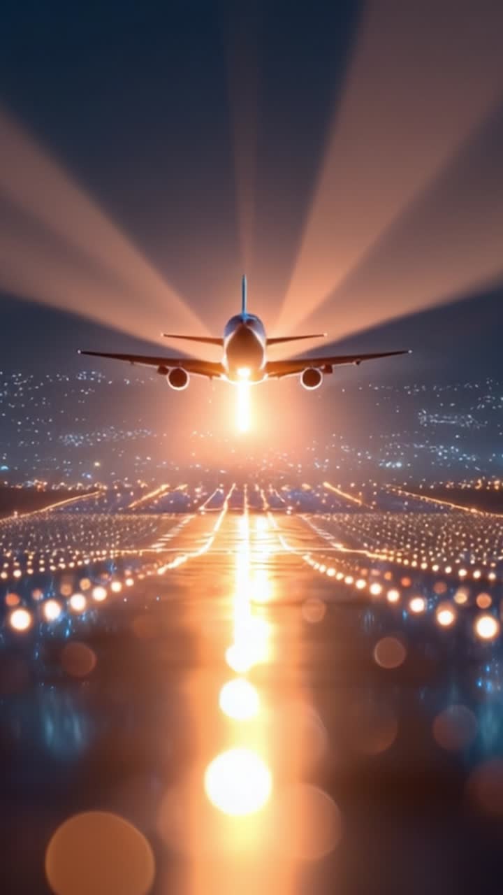 Una perspectiva dramática de un avión despegando de noche, iluminado por las luces de la pista y envuelto en un resplandor que captura la esencia del vuelo y la aventura.