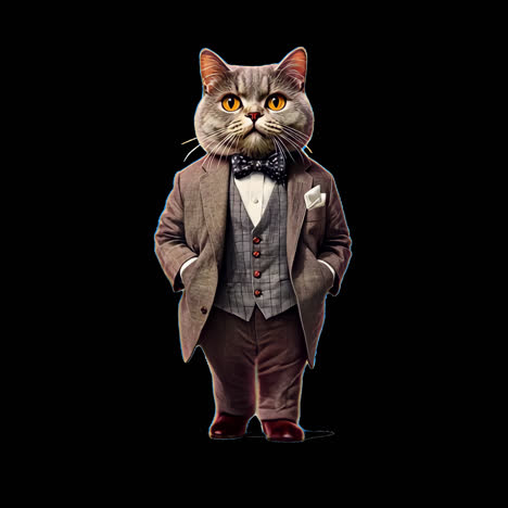 cat dressed in elegant suit animation isolated asset, transparent 4k video, alpha channel, prores