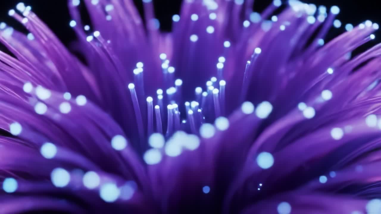 Bright, colorful light patterns illuminate a dark space, showcasing a unique art installation featuring vibrant strands glowing in various shades.