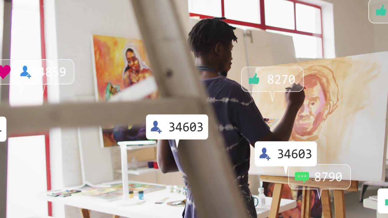 Artista che dipinge un ritratto su un cavalletto, le pennellate fanno apparire icone social che tracciano l'engagement.