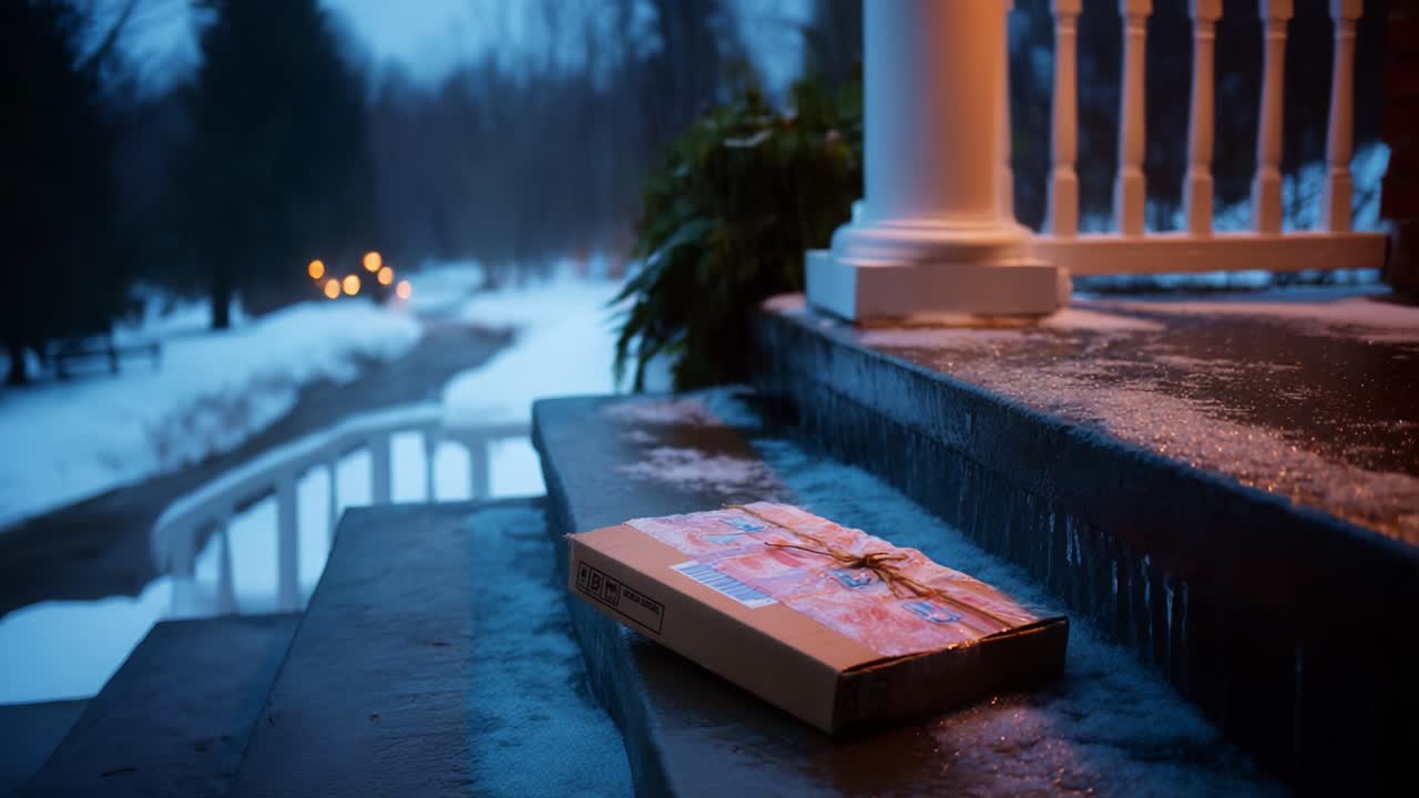 A cozy evening scene featuring a beautifully wrapped pizza box left on a porch, as winter's chill blankets the surroundings and the soft glow of lights twinkles in the distance