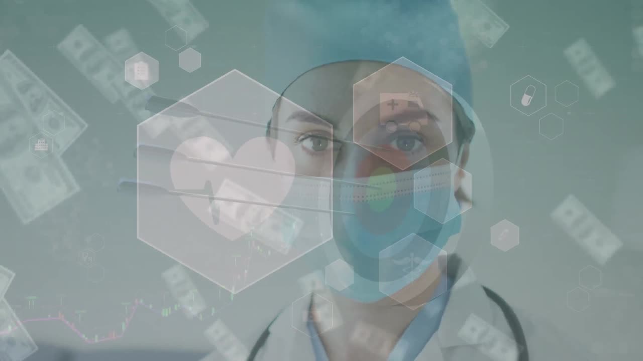 animazione di elaborazione dei dati e banconote su medico donna caucasica