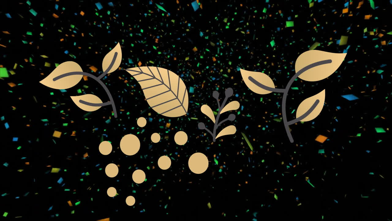 Animation of golden leaves and circles with colorful confetti on black background