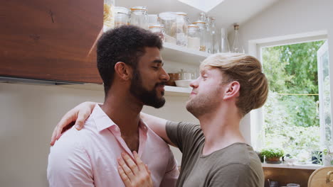 loving male gay couple hugging and kissing at home in kitchen