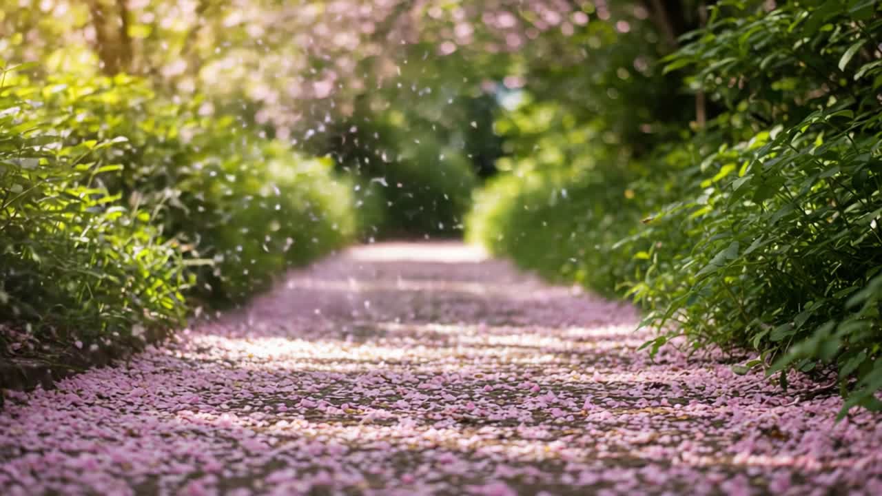 Serene Pathway Surrounded by Blooms: A Tranquil Walk Through a Blossoming Garden with Petals Cascading and Sunlight Filtering Through Trees