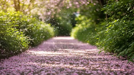 serene pathway surrounded by blooms: a tranquil walk through a blossoming garden with petals cascading and sunlight filtering through trees