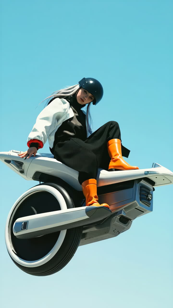 Donna a bordo di un monociclo levitante futuristico contro un cielo blu