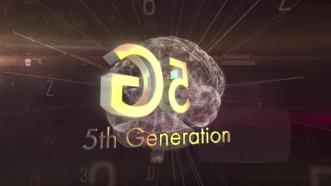 animación de 5g texto de quinta generación sobre el cerebro humano giratorio y letras en el fondo