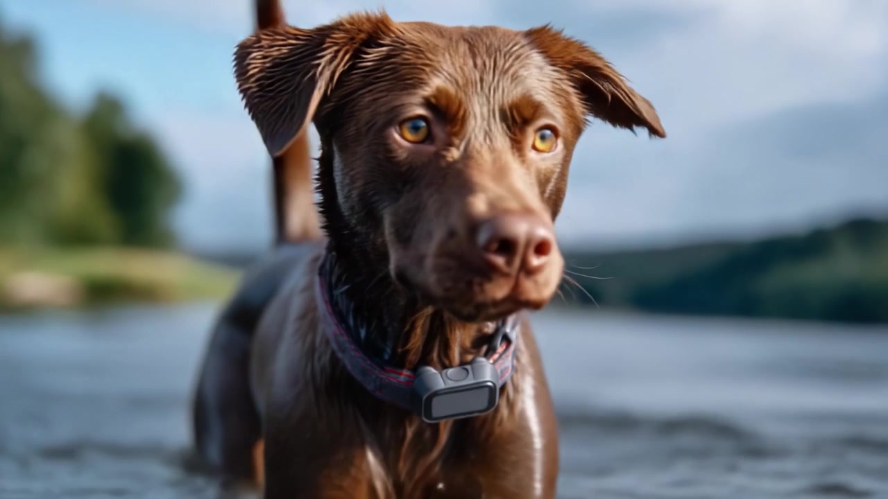 Een speelse hond spettert vrolijk in het water, toont zijn natte vacht en levendige uitdrukking in een prachtige natuurlijke omgeving onder een helderblauwe hemel.