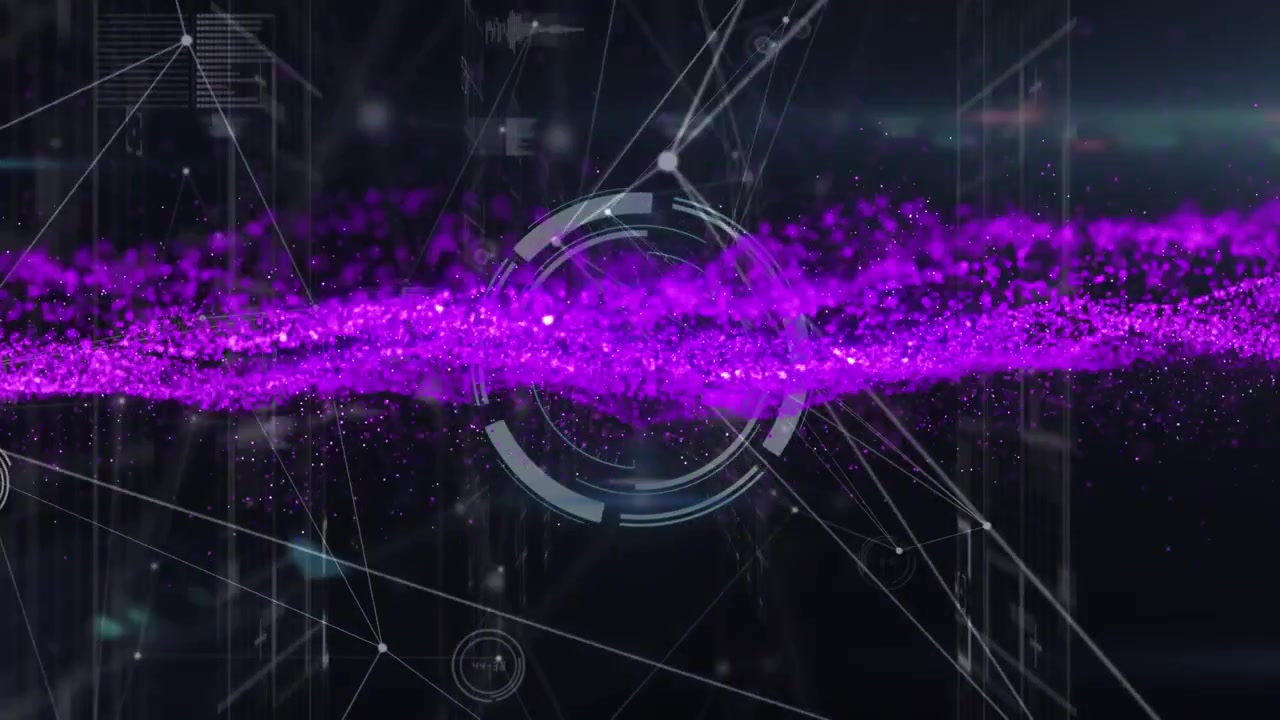 Dynamic Digital Network with Purple Data Flow and HUD Interface