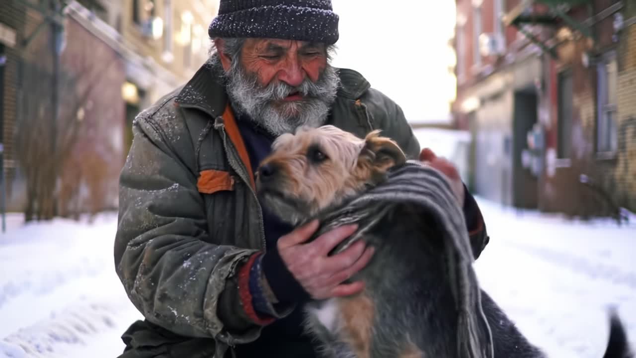 Heartwarming Bond Between a Kind Elderly Man and His Loyal Dog Cuddled Together in a Snowy Urban Environment Capturing the Essence of Companionship and Warmth