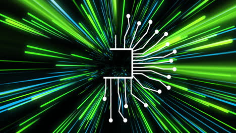 animation of artificial intelligence over green and blue neon light trails