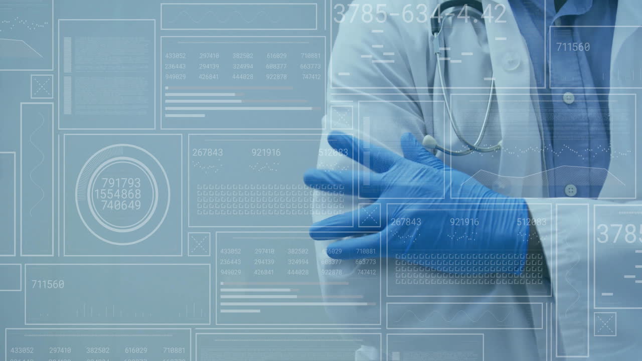 Male doctor pulling on nitrile gloves in medical data scene, with floating charts and graphs