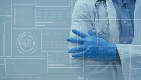 male doctor pulling on nitrile gloves in medical data scene, with floating charts and graphs