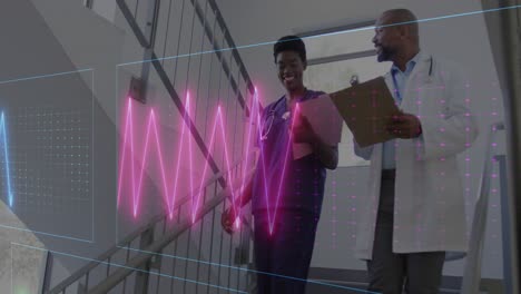 Animation-of-medical-vital-signs-data-over-african-american-female-and-male-doctor-talking-on-stairs