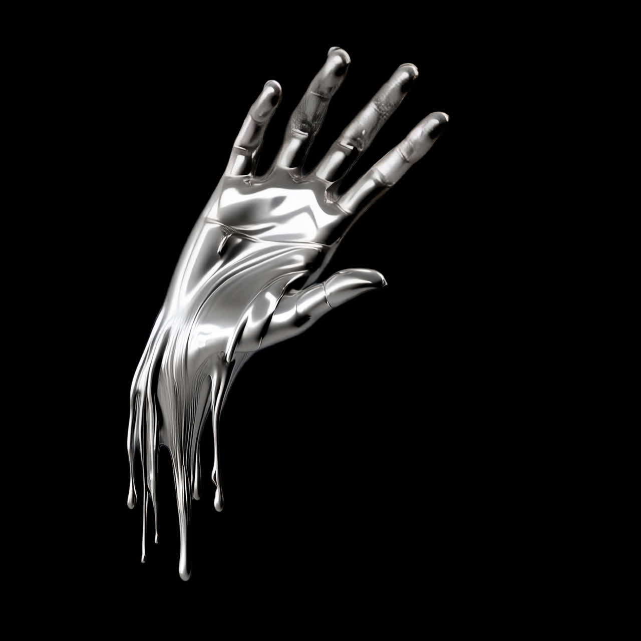Melting chrome hand animation isolated asset, transparent 4K video, alpha channel, ProRes 4444