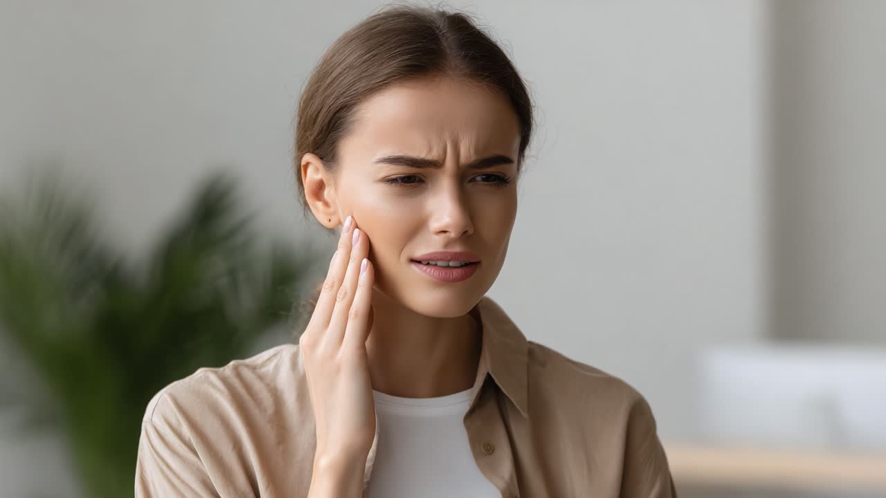 A Young Woman Displays Signs of Tooth Pain and Discomfort, Her Facial Expression Reflecting Anxiety and Concern as She Gently Touches Her Cheek in a Bright Indoor Setting