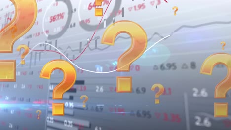 animation of online orange question mark icons moving over financial data processing