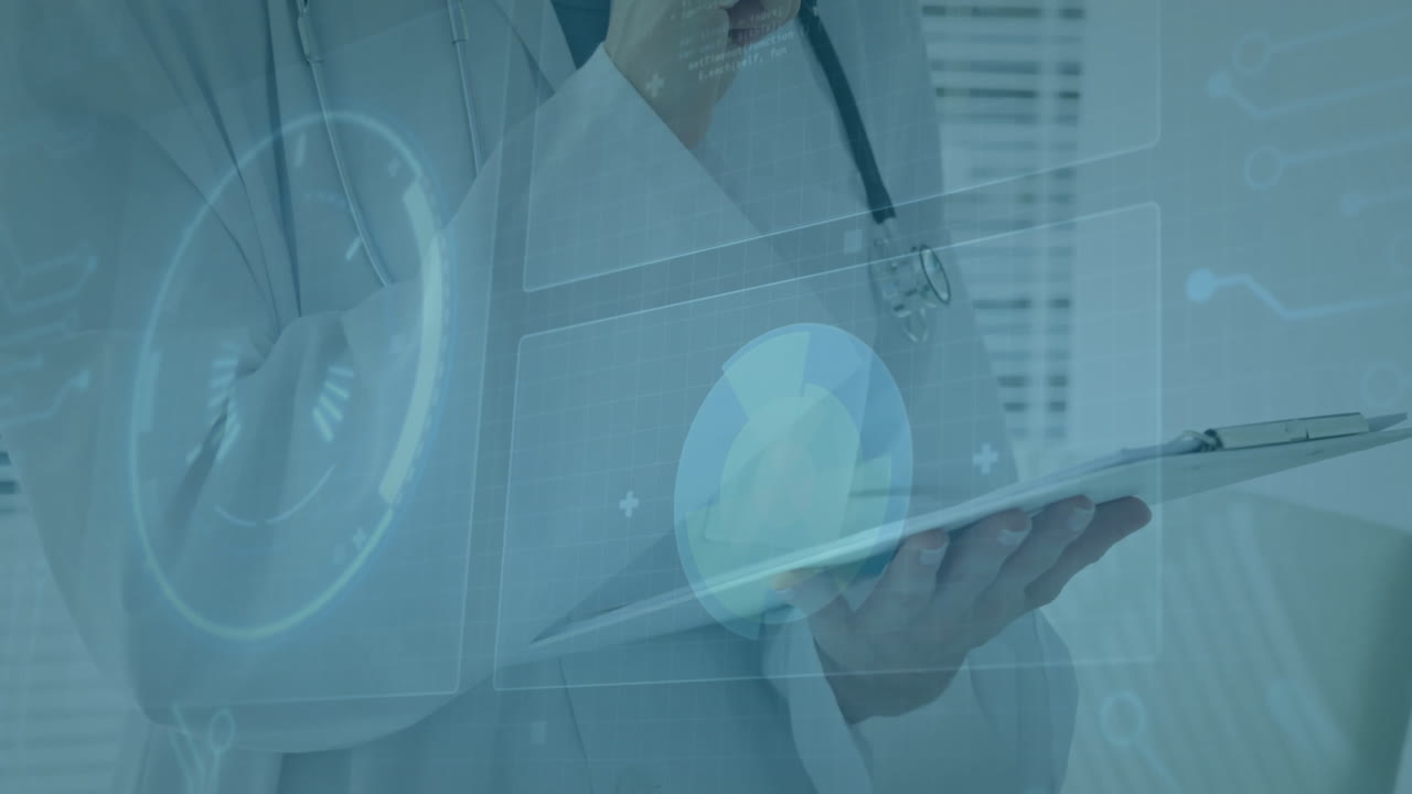 Doctor using tablet with medical data processing animation overlaid