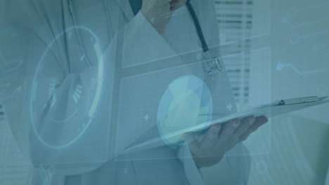 doctor using tablet with medical data processing animation overlaid