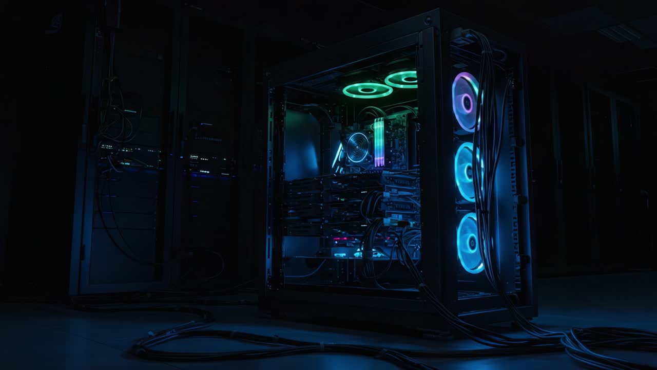 A Glimpse into High-Performance Computing: The Artistic Illumination of a Modern PC Gaming Setup Showcases Advanced Hardware in a Dark Environment