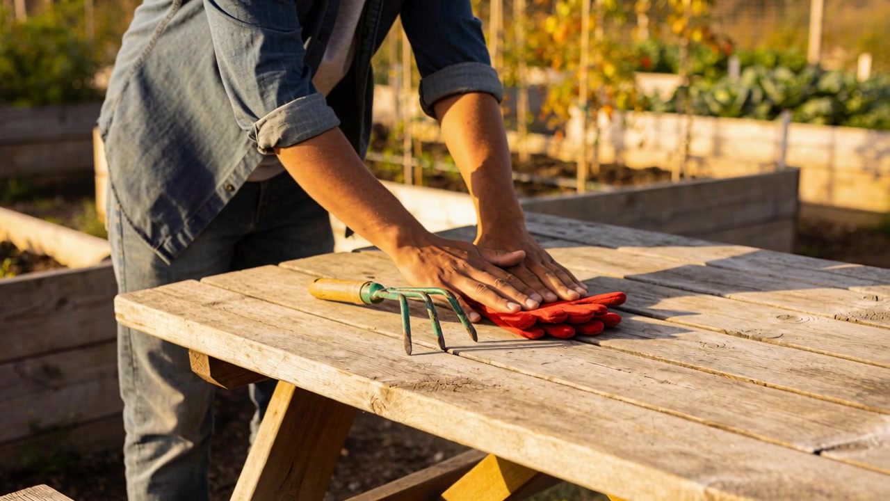 Approaching table gardener in denim smoothing red gloves beside cultivator preparing in backyard