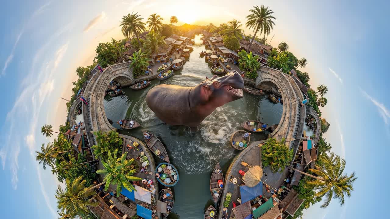 Hipopótamo Gigante em uma Vila Fluvial Surreal de Planeta Minúsculo ao Pôr do Sol