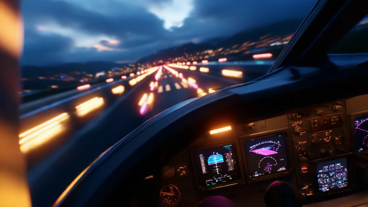 Capturing the Thrilling Moment of Takeoff: A Close-Up View from an Aircraft Cockpit as the Plane Accelerates Down the Runway Surrounded by Dazzling Lights and Breathtaking Night Sky Scenery