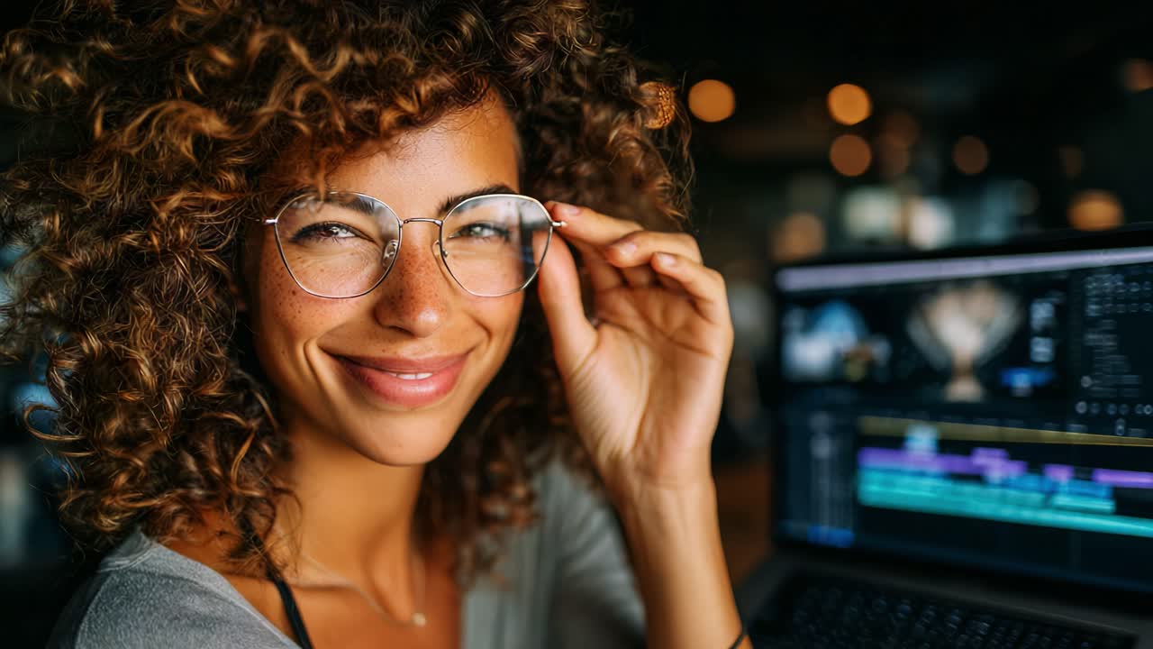 Cheerful woman with curly hair and glasses looking confidently at the camera while sitting in front of a laptop with video editing software open, showcasing creativity and professionalism