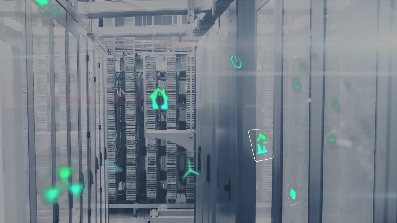 Cam moving down rack aisle, causing green icons appearing, drifting to glass, mapping energy use