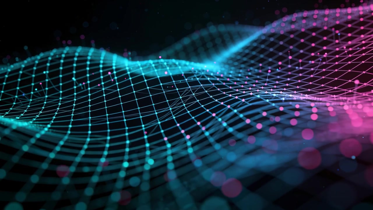 Animating luminous wireframe mesh pulsing and rolling in virtual 3D void, with glowing nodes