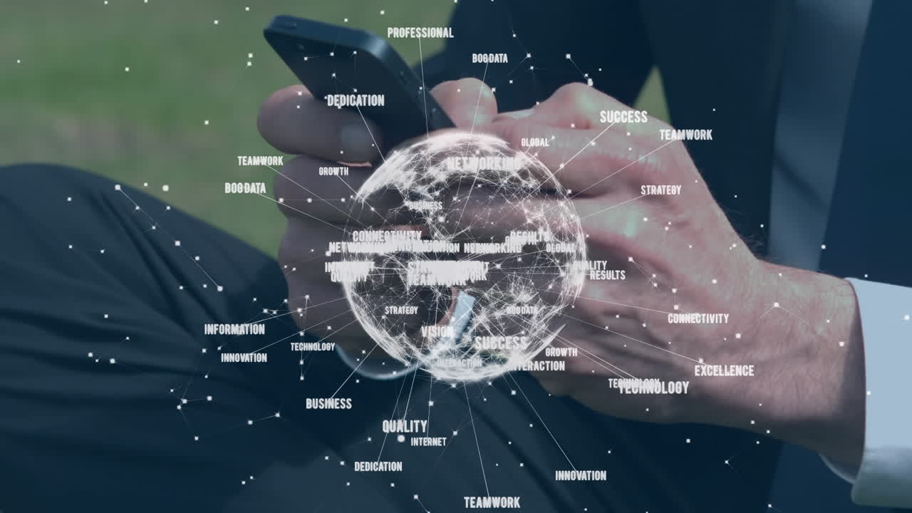 배경에 스마트 폰을 사용하여 지구 위의 사람과의 연결 네트워크의 애니메이션