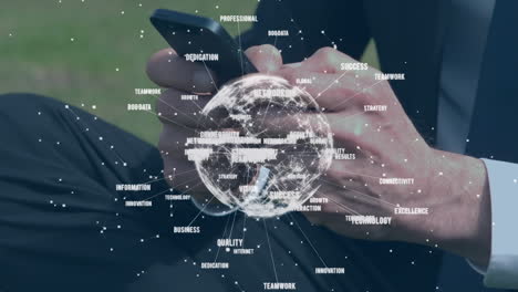 animation of network of connections with globe over man using smartphone in the background