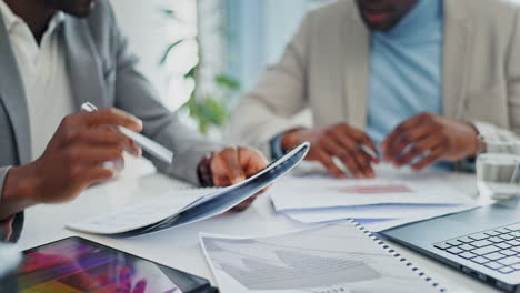 discussion, documents and closeup of businessmen