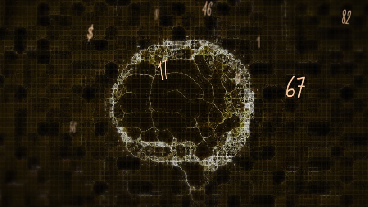 Multiple numbers floating against human brain spinning on black background