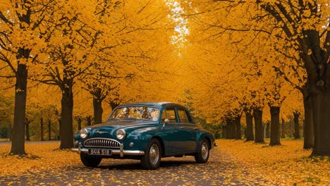 A Vintage Car Captured Amidst Golden Autumn Leaves, Showcasing the Beautiful Seasonal Transition with a Classic Feel Under the Canopy of Trees