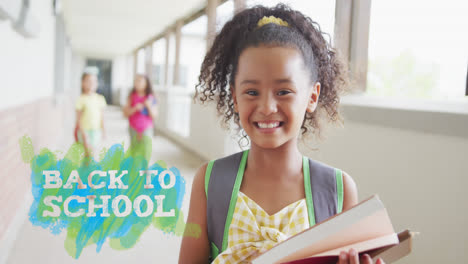 animation of back to school text over happy biracial schoolgirl at school