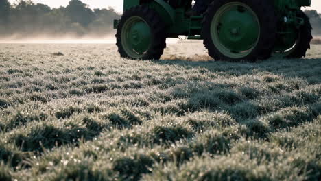 tractor in a misty, dew-covered farm field in the morning