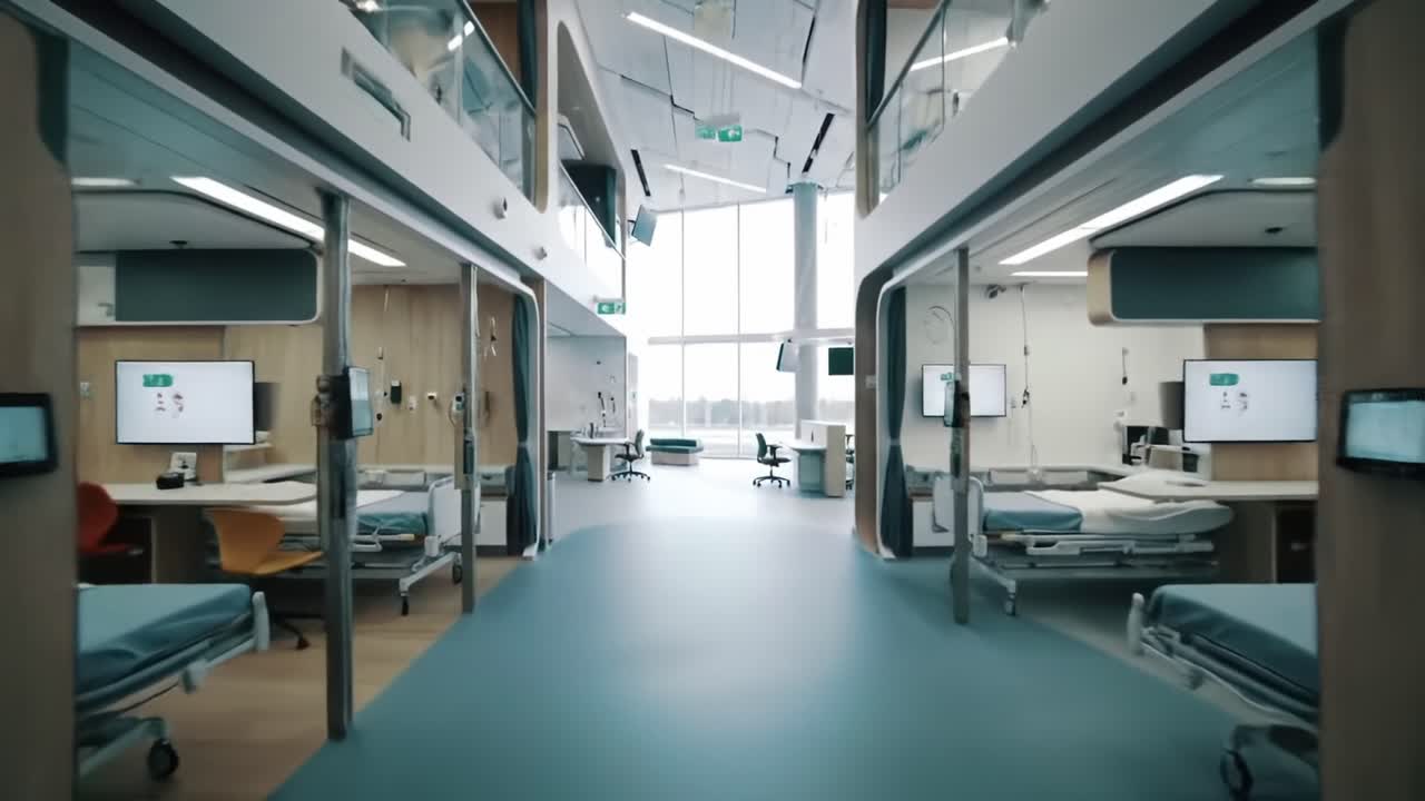 Moderne sundhedsfaciliteter: Rummelige patientværelser og avanceret medicinsk udstyr i et lyst og indbydende miljø med masser af naturligt lys.