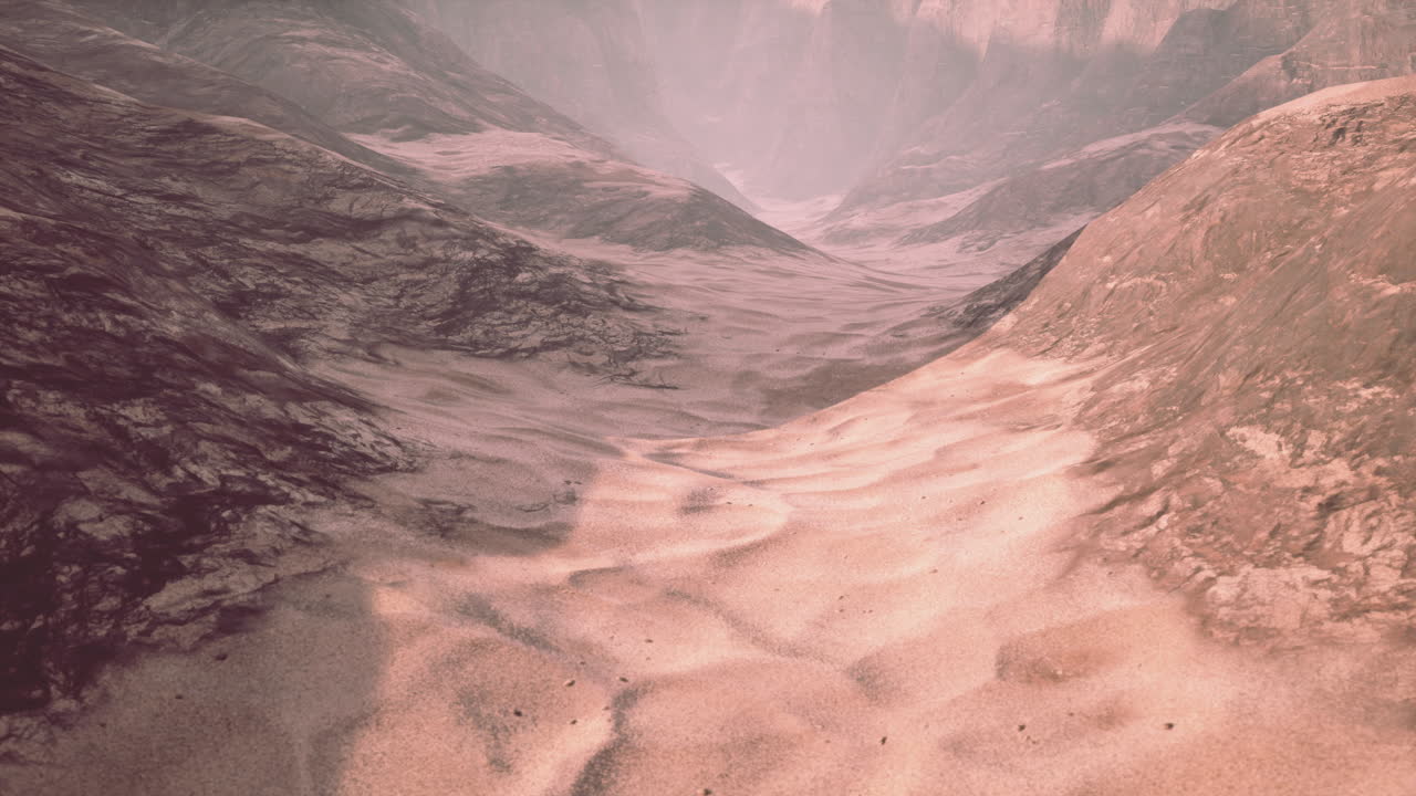 A barren, red-hued canyon on a distant planet