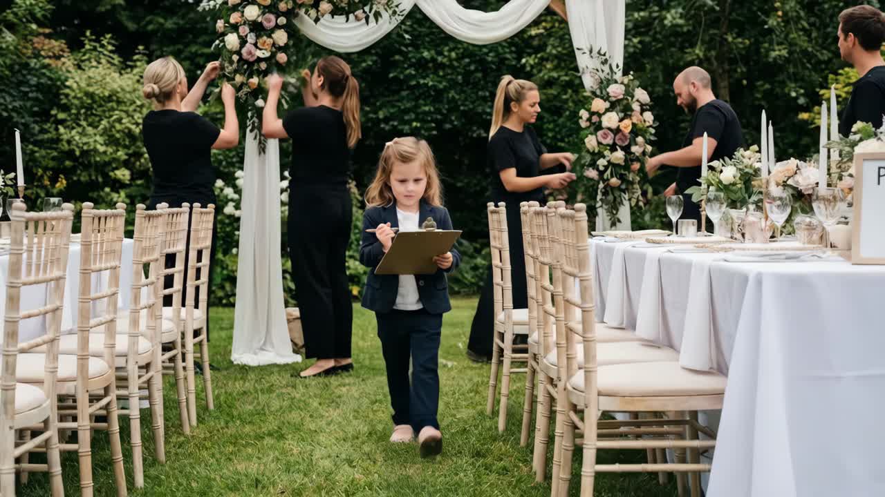 Cute Little Girl Acting as Event Planner with Clipboard in Garden