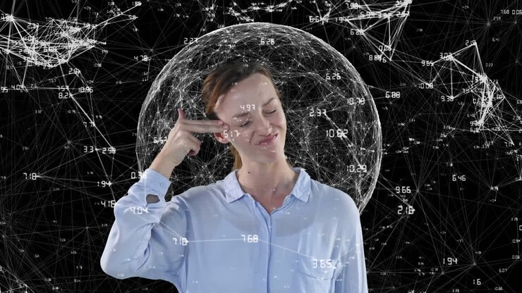 Animation of a Caucasian woman looking annoyed over over a globe and shapes of connections