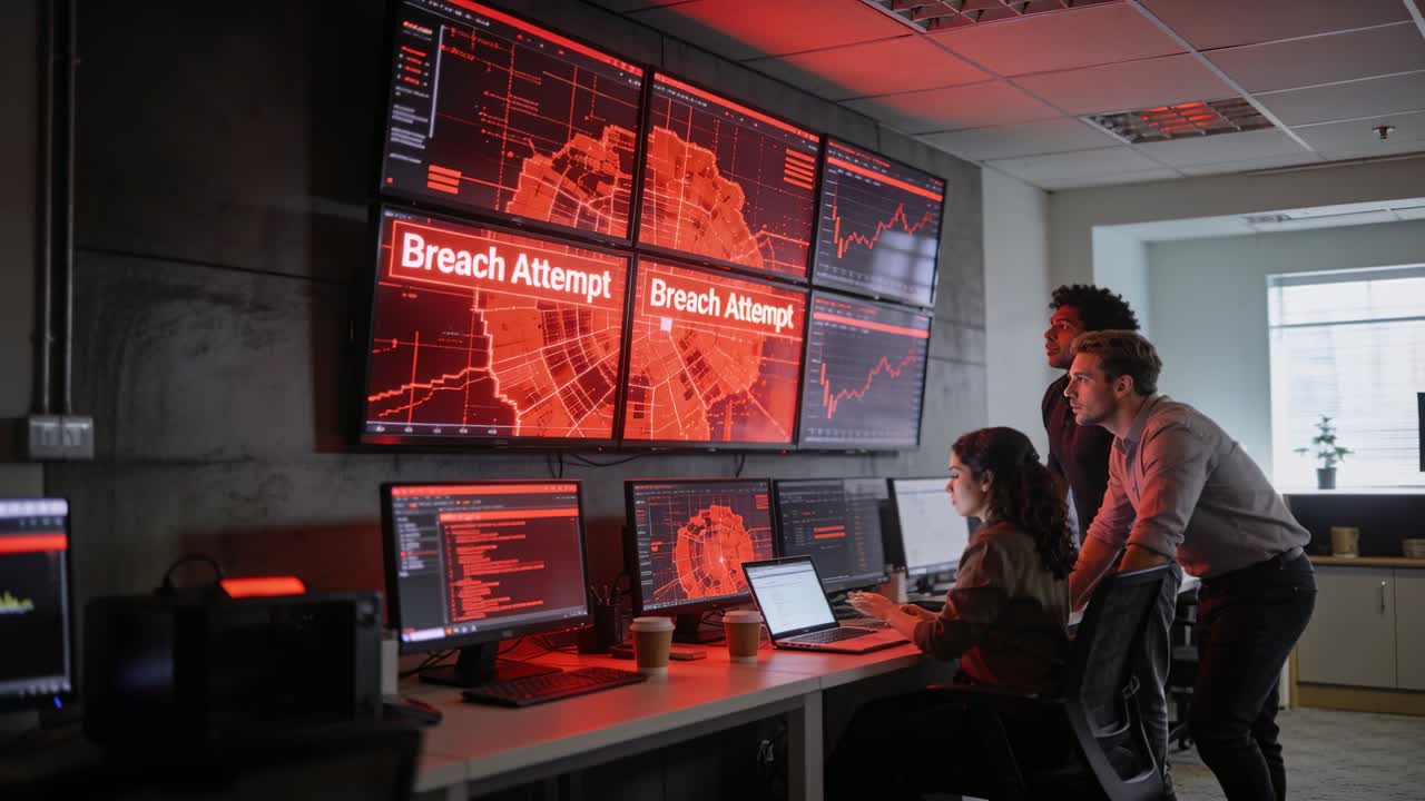 Appearing Breach Attempt alert at SOC wall, team in business attire pointing and typing commands