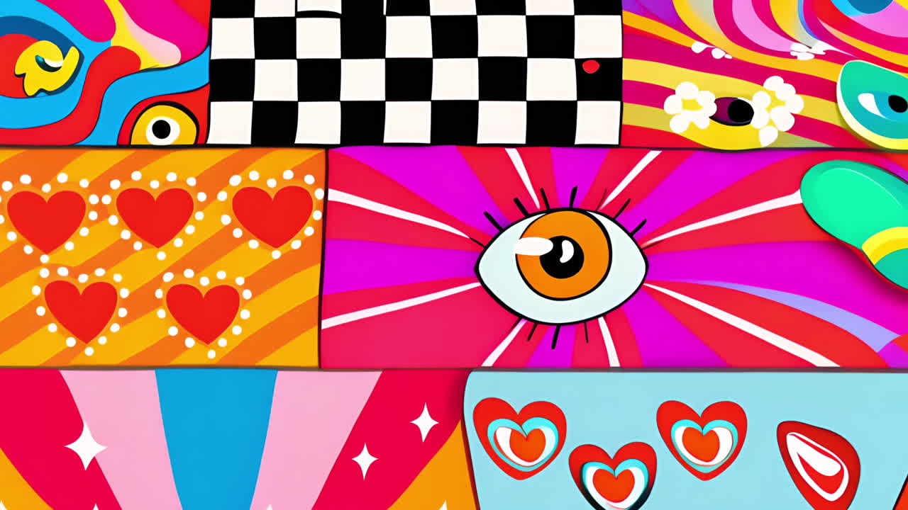 Colorful geometric shapes and hearts animation with eye illustration