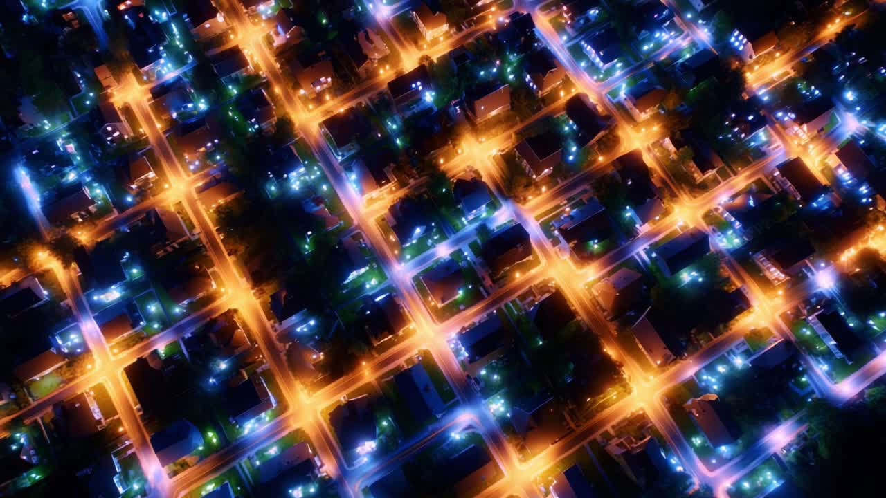A Beautiful Nighttime Aerial View of a Residential Urban Landscape Illuminated by Streetlights, Highlighting the Geometry of Roads and Buildings in a Vibrant City Environment