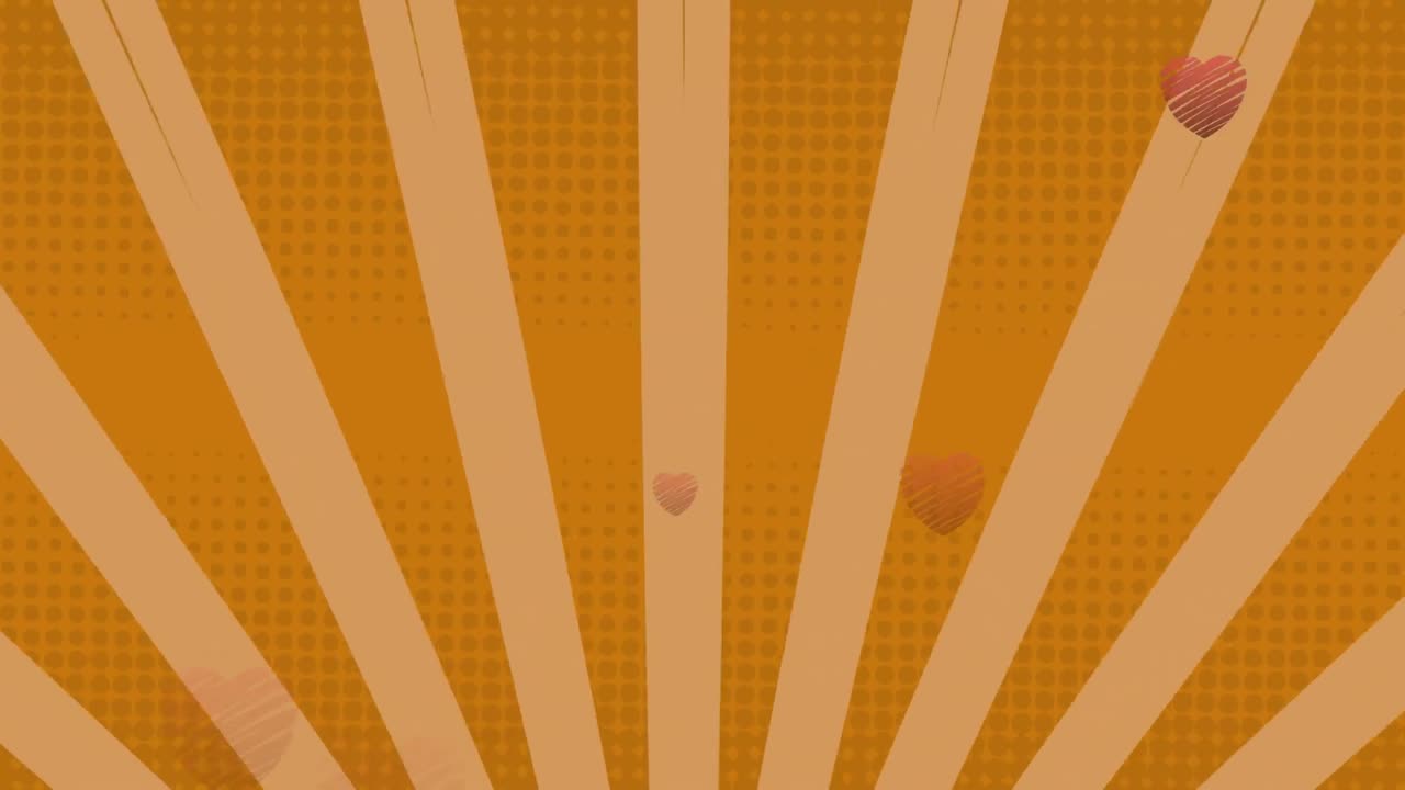 Animation of hearts floating over rotating striped orange background