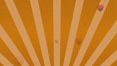 Animation-of-hearts-floating-over-rotating-striped-orange-background